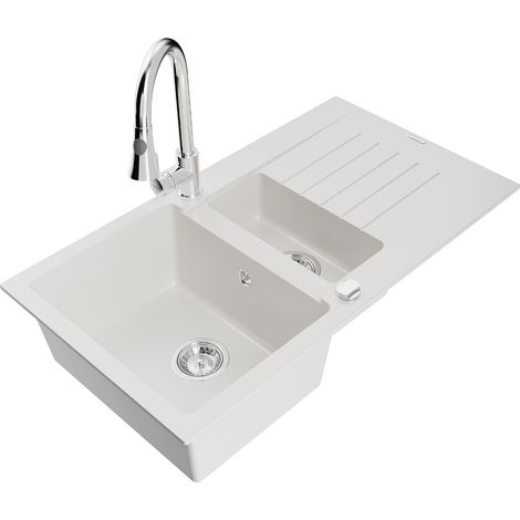 Mexen Matias lavello in granito 1,5 vasche con scolapiatti e rubinetto da cucina Elia, bianco - 6502-20-670101-00 (1/5)