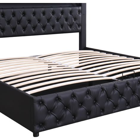 Cama tapizada PU negro 180x200 cm con somier de láminas, almacenaje y LED en cabecero (1/5)