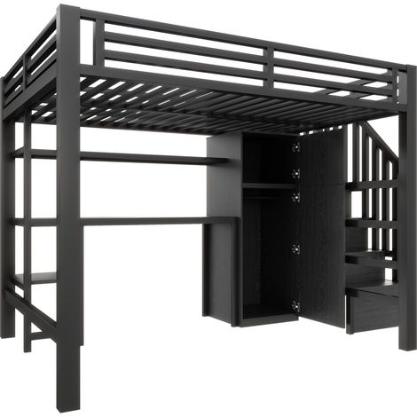 Letto a soppalco in metallo 140x200 con scrivania, scaffale, armadio e scala contenitore nero (1/5)