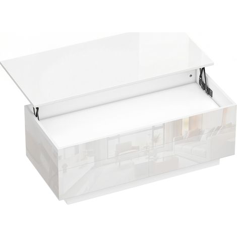 Table basse réglable – Rangement caché, 2 tiroirs, laqué blanc
