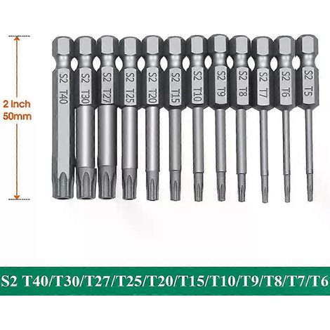 Jeu de tournevis Torx de sécurité avec embouts de vissage, tige hexagonale de 6,35 mm (1/4 pouce), longueur de 101,6 mm (4 pouces), acier S2, 11/12 embouts Torx - JXLGV (1/5)