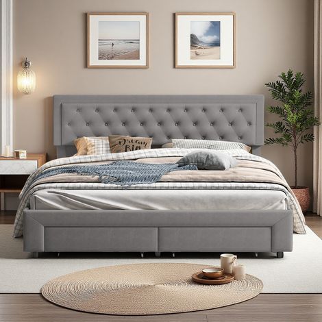 Erwachsenenbett 180 x 200 cm – Samtstoff – 2 Schubladen – XL-Bettrahmen 180 x 200 cm – Grau