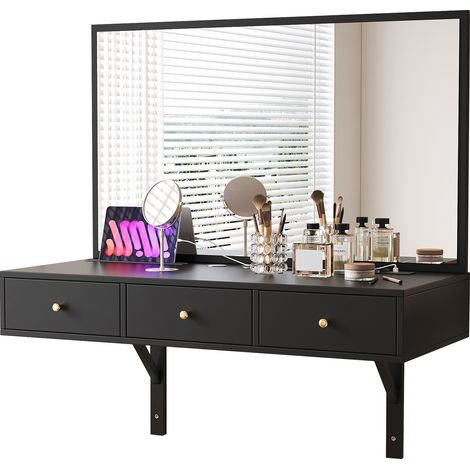 Coiffeuse Suspendue Noire avec Miroir, 3 Tiroirs, Prises Électriques, Support Tablette et Porte-Gobelet 100x105x45 cm (1/5)