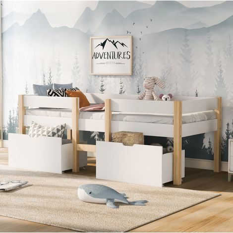 Cama semialta infantil con 2 cajones y barandilla OKMYHOME (1/5)