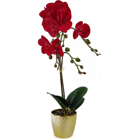 50cm Phalaenopsis Orchid Artificial - Red Leopard - Gold Pot (1/5)