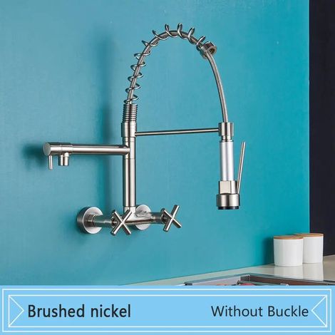 (Nickel sans boucle) Robinet de cuisine noir à double poignée, mitigeur eau chaude/froide mural, double bec pivotant, douchette extractible à ressort (1/5)
