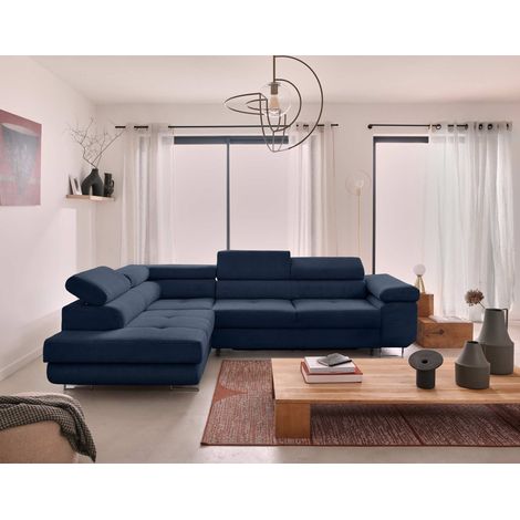 Zaria – ecksofa links – mit schlaffunktion und bettkasten sowie verstellbaren kopfstützen – 5-sitzer – aus cord - blau