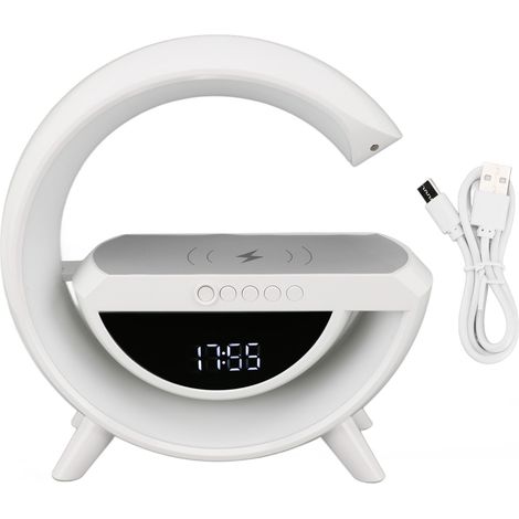 Lampe Multifonction en Forme G avec Enceinte Bluetooth RGB, Chargeur Sans Fil 10W, Réveil FM, Éclairage Musical de Chevet, Alimentation 5V (1/5)