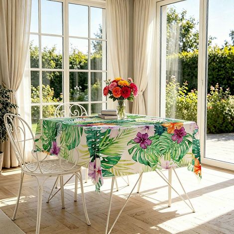 Nappe rectangulaire à imprimé floral tropical multicolore (1 pièce), nappe de table légère sur le thème du solstice d'été, idéale pour une fête estivale. (1/4)