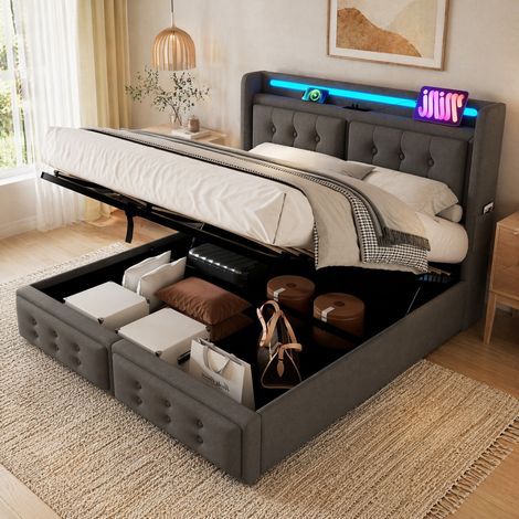 lit coffre 160x200 LED USB, coton-lin gris HAVRYA (1/5)