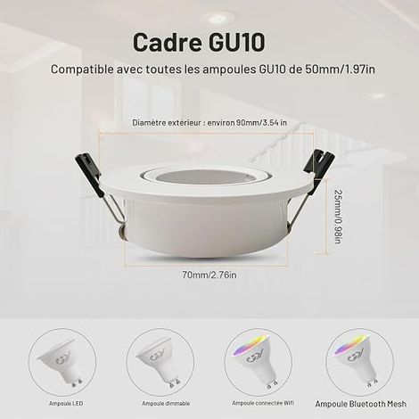spots encastrables - Culot GU10 - Blanc - Rond - ampoules LED MR16 - Ø75 x 85 mm - Diamètre du trou : 85 mm (1/4)