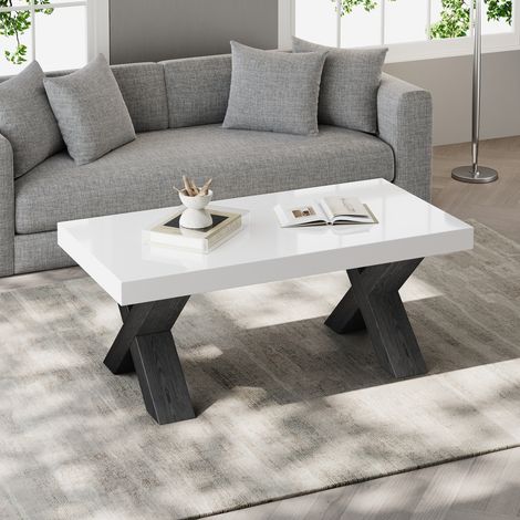 Table basse rectangulaire moderne, table d'appoint laquée brillante à piètement croisé, parfaite pour salon, terrasse, chambre ou espace travail. MDF blanc/noir, dimensions 100x50x40 cm. (1/5)