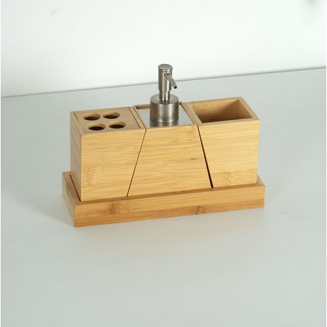 Accessoire Salle de Bain Bois, Accessoire, 4 Pieces en Bambou, 1x Support, 1x Verre à Dents, 1x Porte-Brosse à Dents, 1x Distributeur de Savon (1/5)