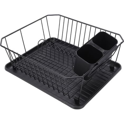 Scolapiatti in ferro con portautensili, per piano cucina, per cucchiai e forchette, nero. (1/5)