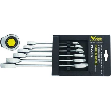 Vigor 35824-06 Serie 6 Chiavi Combinate a Cricchetto 6 Pezzi 72 Denti Testa Poligonale CRV colore Nero