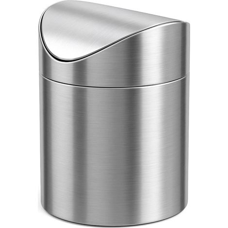 Mini poubelle en acier inoxydable brossé avec couvercle, 1,5 litre, pour bureau, voiture, cuisine ou plan de travail (Argent) (1/5)