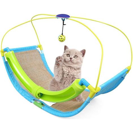 Panier d'intérieur pour chat avec tapis à griffer, design en berceau pour les activités estivales et balles suspendues pour l'enrichissement. (1/4)