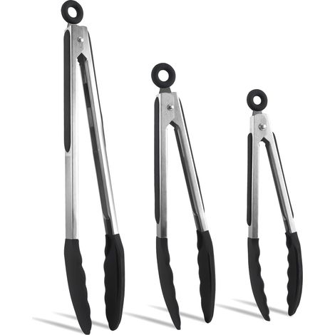 Ensemble de pinces de cuisine et de gril à embout en silicone en acier inoxydable, 7", 9" et 12", noir (1/5)