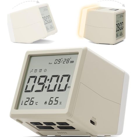 Réveil numérique, alimenté par piles, veilleuse à intensité variable, thermomètre, hygromètre, horloge de bureau et de chevet pour chambre à coucher, pour adultes, enfants, adolescents (1/5)