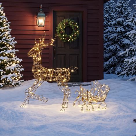 Ensemble de renne et traîneau lumineux, décoration de Noël extérieure en 2 pièces en polyrotin, avec LED, 8 modes, minuterie (1/5)