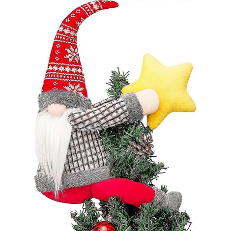 Weihnachtsbaumspitze mit Zwergenmotiven, handgefertigte große Plüschzwerge mit Stern und roter Karomütze (1/5)
