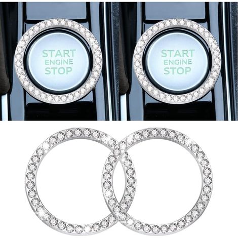 2 Pièces Couvercle Du Bouton De Démarrage Du Moteur De Voiture En Strass Cristal, Auto Moteur Démarrage Arrêt Cristal Strass Bouton Anneau Autocollant, Voiture Décor Accessoires (Blanc1) (1/5)