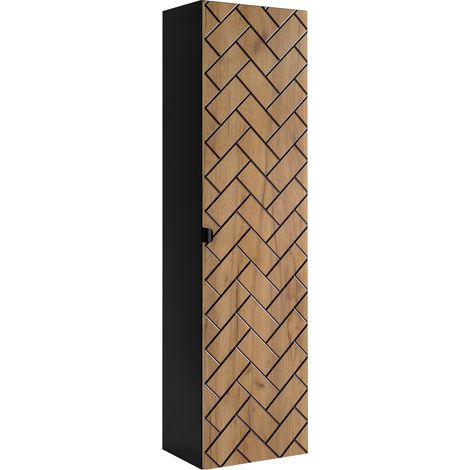 Furnidea - Meuble colonne suspendu de salle de bain MADIS CHÊNE 35 X 136 cm B - façades motif chevron, design moderne (1/5)