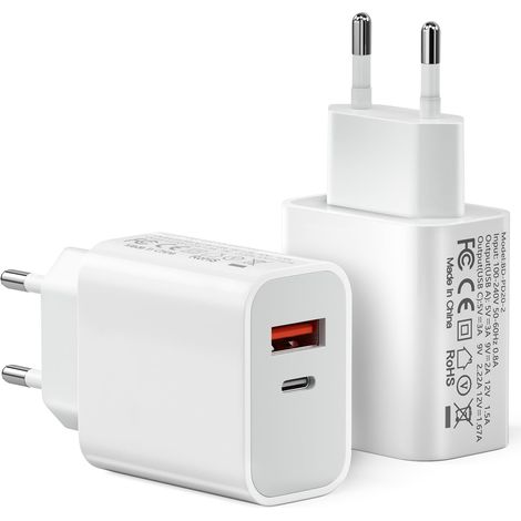 [2 pièces] Chargeurs USB-C, 20W Bloc d'alimentation 2 Ports Compatible avec 11/12/13/14/15/16 Pro Max, Chargeur Rapide USB-A+C PD3.0, Adaptateur de Charge de Type C (sans câble de Charge) (1/5)