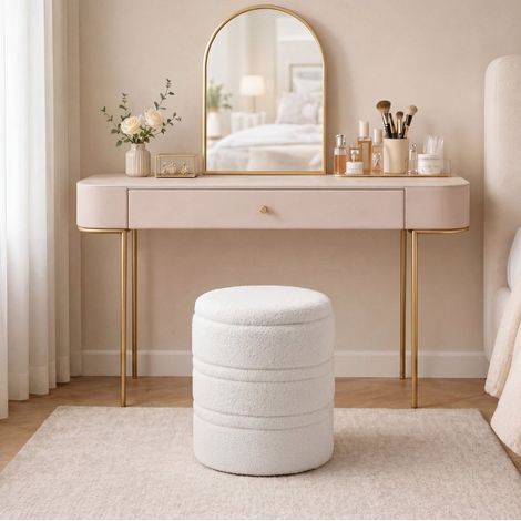 Pouf coffre rond 40x40x49 cm blanc en polyester, couvercle réversible, rangement 33 L MEUBLIV (1/5)