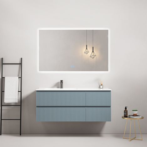 Mobile bagno sospeso cannettato 120 cm Blu Avio Lavabo a Sinistra in Ceramica Specchio Quadro Retroilluminato - Fiji Paint (1/4)