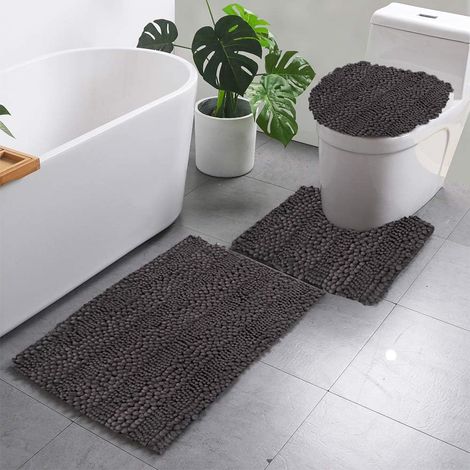 Set of 3 chenille bath mats, soft, non-slip, rectangular, absorbent, durable long pile for bathtub, shower, bathroom, toilet (dark grey) (1/5)