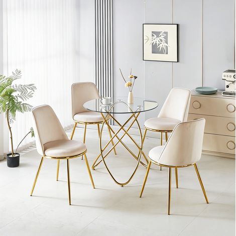 Ensemble repas 5 pièces 80x80x75 cm métal doré, ivoire, avec 4 chaises salle à manger FloraGrace (1/5)