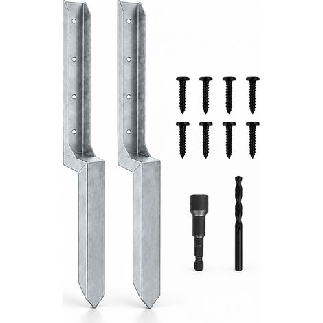 Relaxdays Zaunpfosten Reparaturset, 2er Set, 85,4 cm Länge, Anker für schiefe Pfosten, Stahl, Pfostenstütze, silber (1/5)