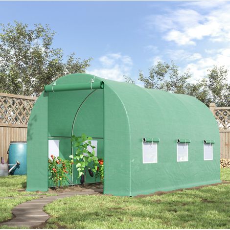 Serra tunnel da giardino con finestre 445x190x200 cm, telo PE e struttura in acciaio verde (1/5)