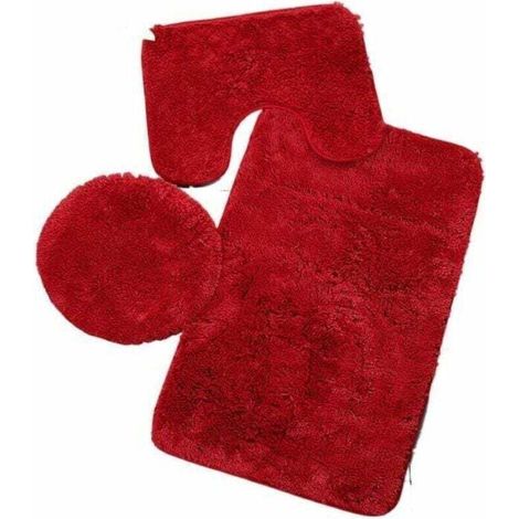 Tapis de Salle de Bains Couleur Pure 3Pcs Bath Mat Antidérapant et Absorbant Doux Tapis & Couvercle Toilette Couvercle Set Lavable, Rouge.. (1/4)