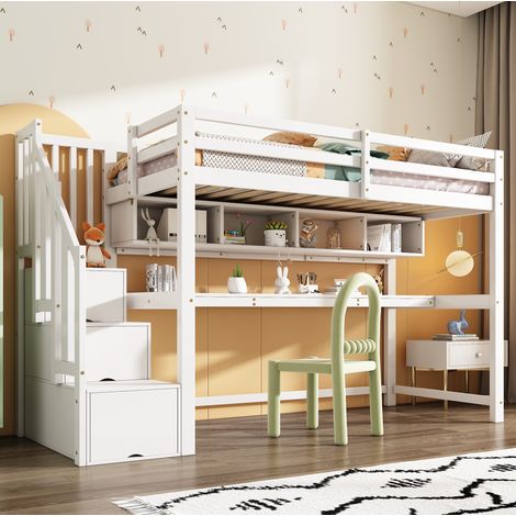 Kinder-Hochbett mit Schreibtisch und Stauraumtreppe, Massivholz + MDF, weiß, 90x200 cm (1/5)