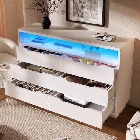 Aparador 120×40×85cm, 6 cajones, con iluminación LED, compartimentos de almacenaje abiertos, cajonera para cocina/salón, blanco (1/5)