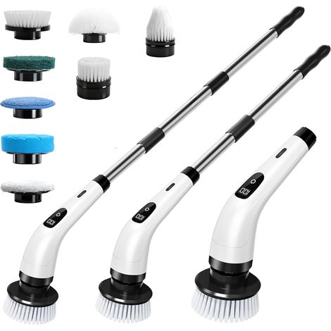 Brosse à récurer électrique, Brosse de Nettoyage sans Fil avec 8 têtes, Manche Long télescopique, Brosse nettoyante Rechargeable, Charge USB-C, pour Sol,Salle de Bain, Cuisine, Douche et Baignoire (1/5)