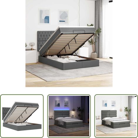 vidaXL LED-Beleuchtung - Ottoman-Bett mit Matratze & LEDs Dunkelgrau 140x190 cm Stoff (1/5)