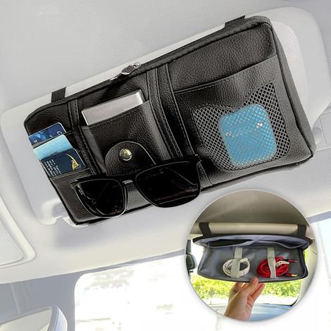 Organizador de visera parasol de coche de piel sintética - Accesorio de almacenamiento con bolsillo interior - Soporte para documentos y gafas de sol - Negro (1/5)