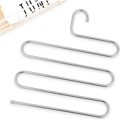 (14,17 x 13,38 pulgadas, paquete de 2, plateado) Perchas para pantalones de acero inoxidable tipo S, organizador de almacenamiento para armario, para colgar pantalones, jeans y bufandas. (1/5)