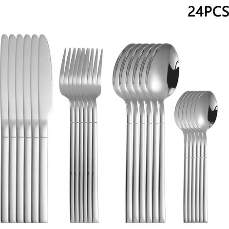 (Argent) Ménagère 24 pièces en acier inoxydable, comprenant un couteau à steak, une fourchette, une cuillère et une cuillère à dessert de style hôtelier. (1/2)