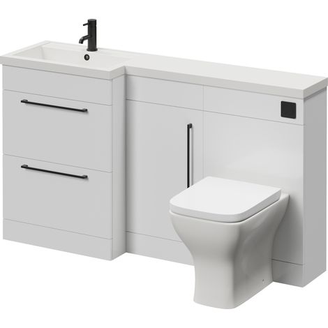 Napoli 390 Gloss White 1500mm 2 Drawer Vanity Unit Toilet Suite with Left Hand Square Lucia Basin - 1500mm - Matt Black 320mm HandleWith Kingston Toilet Pan and Seat