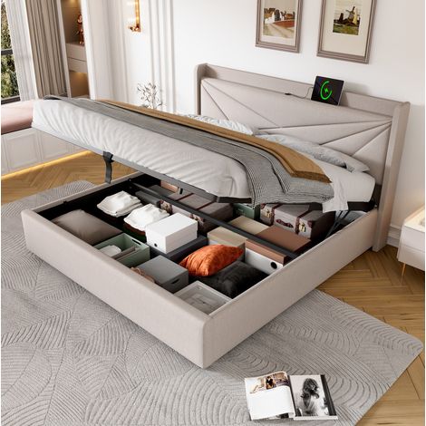 Bett mit Stauraum Baumwoll-Leinen Beige 140x200 cm, mit Lattenrost und USB/Typ-C-Ladefunktion (1/5)