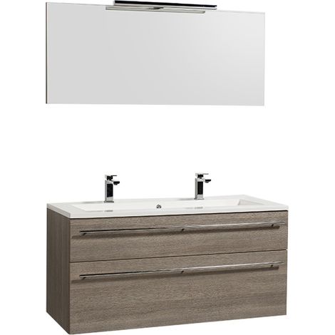 Waschtischunterschrank 120cm + Waschbecken + Spiegel + Beleuchtung MAIA / Eiche hell grau/