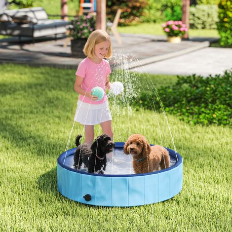 Faltbarer Hundepool für mittelgroße und kleine Hunde mit Sprinkleranlage, strapazierfähiges, rutschfestes PVC, Ø 100 x 30 cm, Hellblau