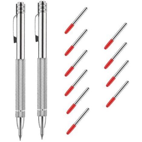 Pointe a Tracer Metal, 2 Pièces Stylo à Tracer de Poche avec 8 Pointes de Stylet, Stylo à Tracer avec Aimant avec Moletage Antidérapant, pour Bois, Céramique, Verre (1/5)