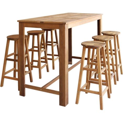 Table de bar rectangulaire bois d'acacia massif et 6 tabourets naturel Mulko (1/5)