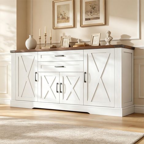 Buffet de cuisine 160x39x81,5 cm, 4 portes, 2 tiroirs, étagères réglables, plan de travail en MDF et panneaux de particules, blanc et effet noyer