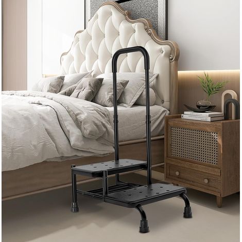 Escabeau Marchepied pour Lits Superposés Adultes - 2 Tabourets Réglables avec Main Courante, Plateforme Antidérapante, Usage Cuisine/Voiture/Caravane/Baignoire/Lit(Noir) (1/5)